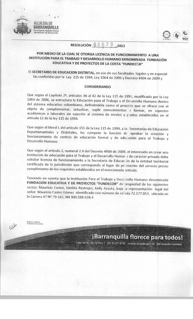 Primera página del PDF original de la licencia de funcionamiento de FUNDECOR Barranquilla